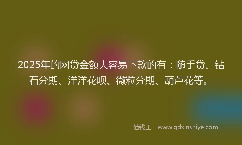 2025年的网贷金额大容易下款的有：随手贷、钻石分期、洋洋花呗、微粒分期、葫芦花等。