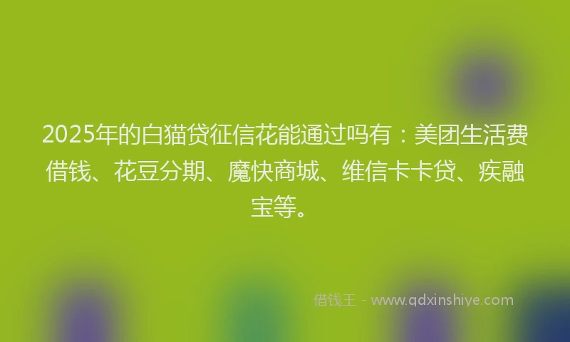 2025年的白猫贷征信花能通过吗有：美团生活费借钱、花豆分期、魔快商城、维信卡卡贷、疾融宝等。