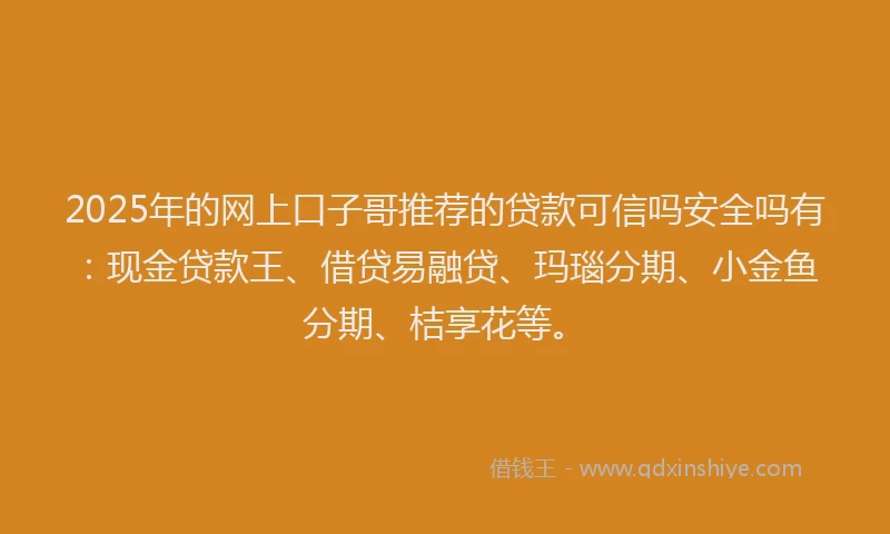 2025年的网上口子哥推荐的贷款可信吗安全吗有：现金贷款王、借贷易融贷、玛瑙分期、小金鱼分期、桔享花等。