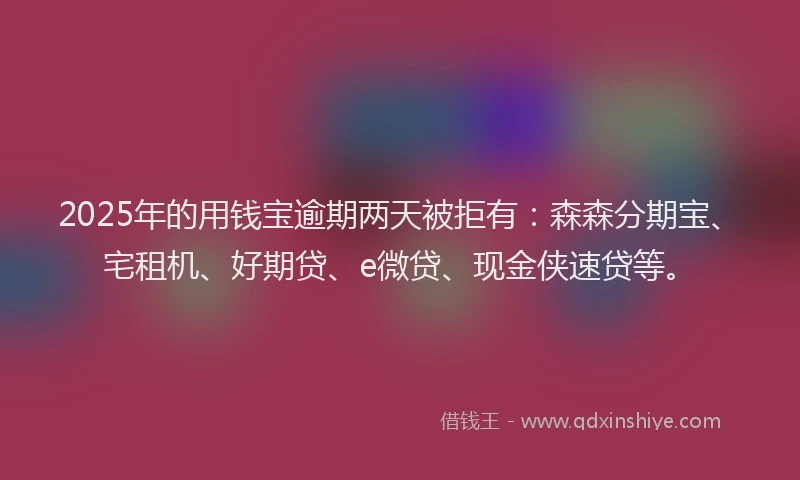 2025年的用钱宝逾期两天被拒有：森森分期宝、宅租机、好期贷、e微贷、现金侠速贷等。