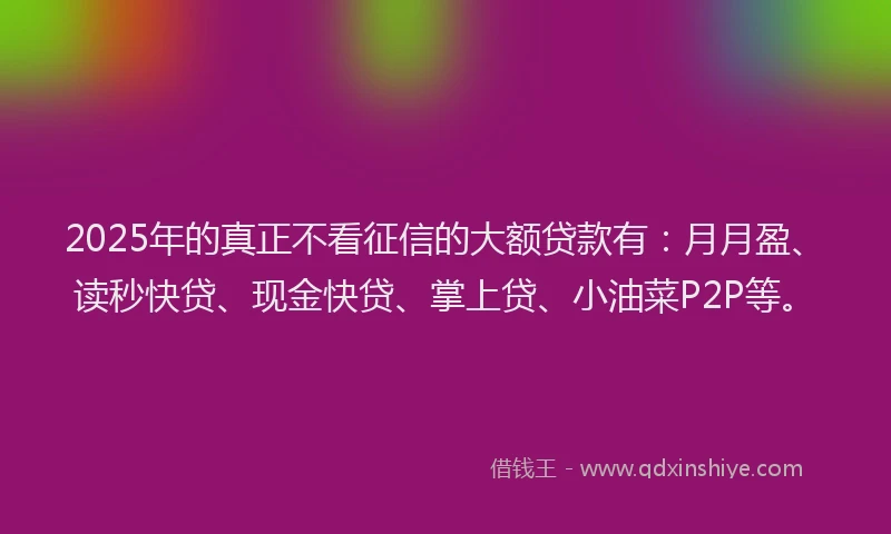 2025年的真正不看征信的大额贷款有：月月盈、读秒快贷、现金快贷、掌上贷、小油菜P2P等。
