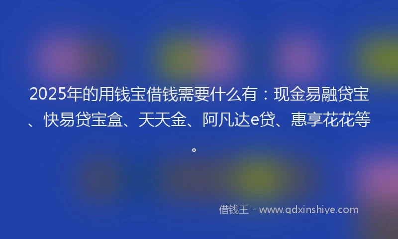2025年的用钱宝借钱需要什么有:现金易融贷宝、快易贷宝盒、天天金、阿凡达e贷、惠享花花等。