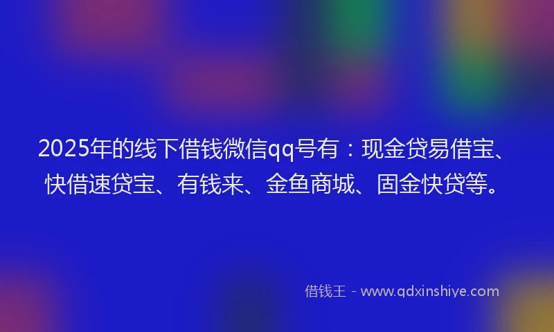 2025年的线下借钱微信qq号有:现金贷易借宝、快借速贷宝、有钱来、金鱼商城、固金快贷等。