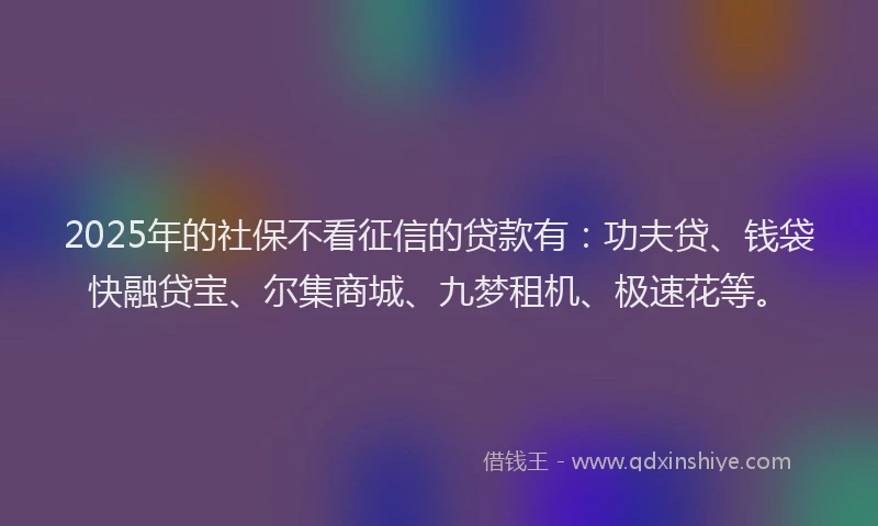 2025年的社保不看征信的贷款有：功夫贷、钱袋快融贷宝、尔集商城、九梦租机、极速花等。