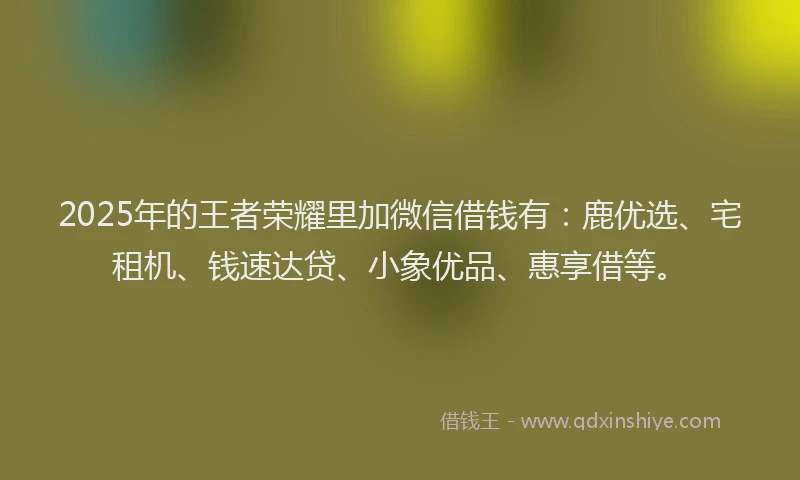 2025年的王者荣耀里加微信借钱有：鹿优选、宅租机、钱速达贷、小象优品、惠享借等。
