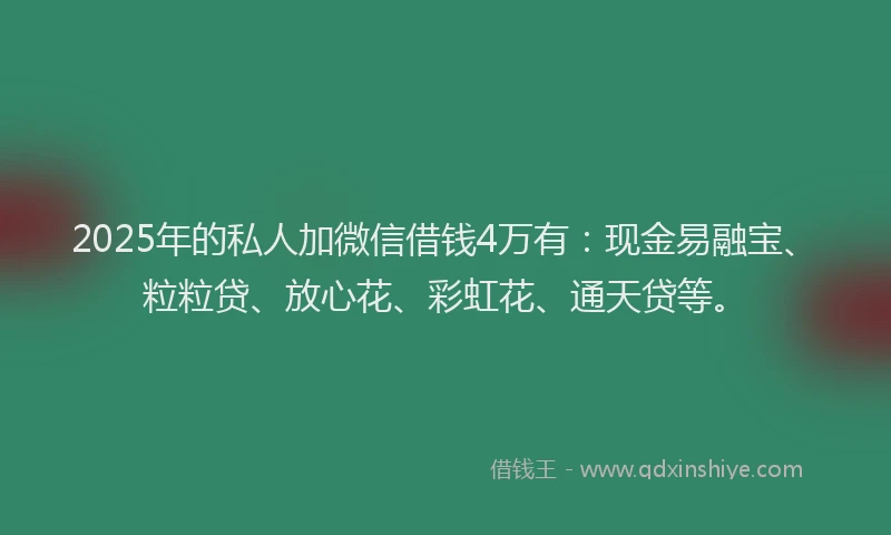 2025年的私人加微信借钱4万有：现金易融宝、粒粒贷、放心花、彩虹花、通天贷等。