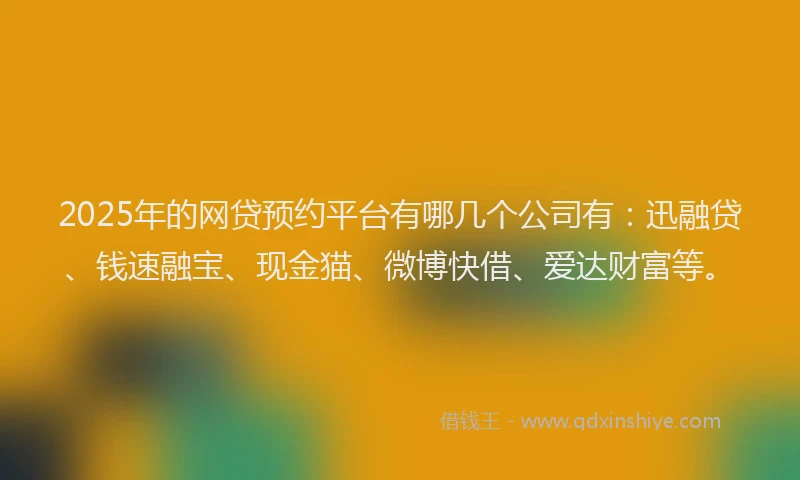 2025年的网贷预约平台有哪几个公司有:迅融贷、钱速融宝、现金猫、微博快借、爱达财富等。