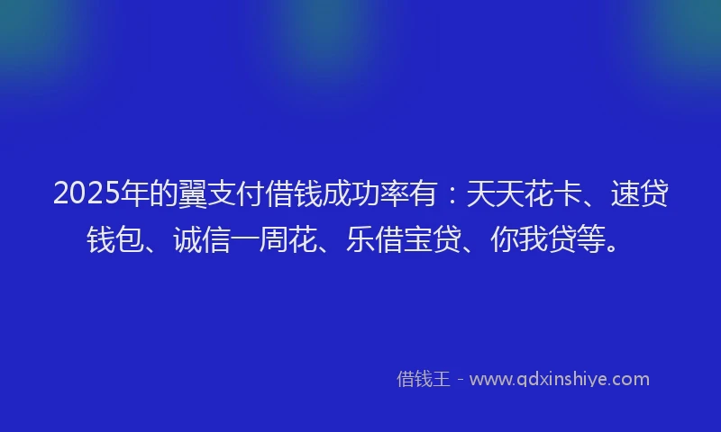 2025年的翼支付借钱成功率有:天天花卡、速贷钱包、诚信一周花、乐借宝贷、你我贷等。