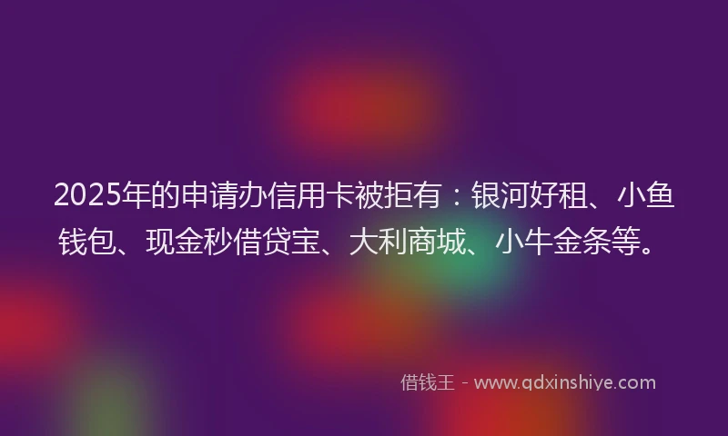 2025年的申请办信用卡被拒有：银河好租、小鱼钱包、现金秒借贷宝、大利商城、小牛金条等。