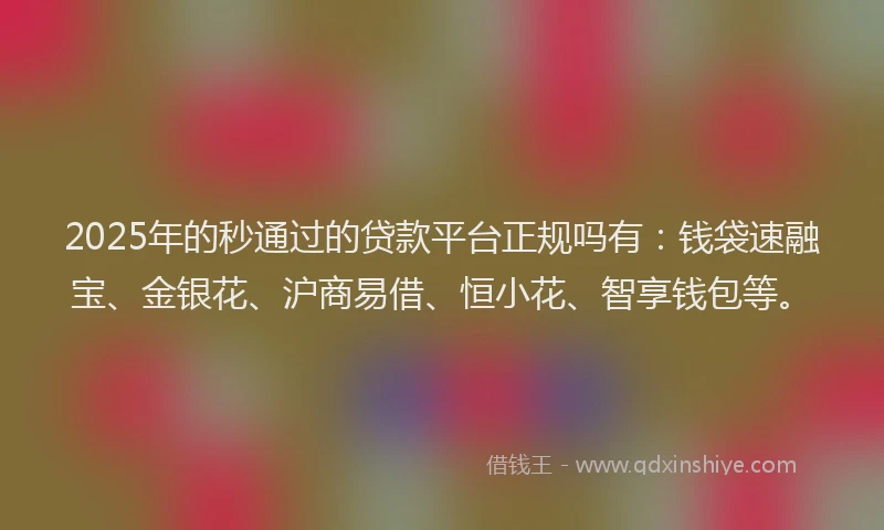 2025年的秒通过的贷款平台正规吗有：钱袋速融宝、金银花、沪商易借、恒小花、智享钱包等。