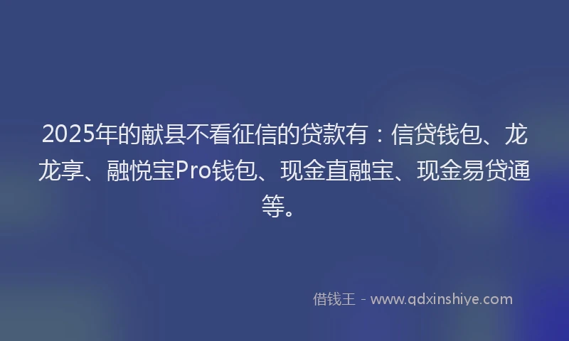 2025年的献县不看征信的贷款有：信贷钱包、龙龙享、融悦宝Pro钱包、现金直融宝、现金易贷通等。