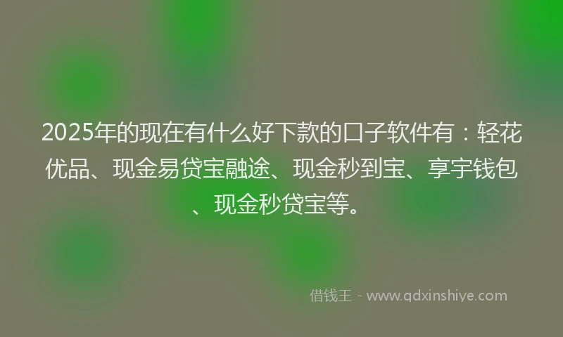 2025年的现在有什么好下款的口子软件有：轻花优品、现金易贷宝融途、现金秒到宝、享宇钱包、现金秒贷宝等。
