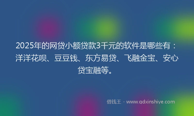 2025年的网贷小额贷款3千元的软件是哪些有：洋洋花呗、豆豆钱、东方易贷、飞融金宝、安心贷宝融等。
