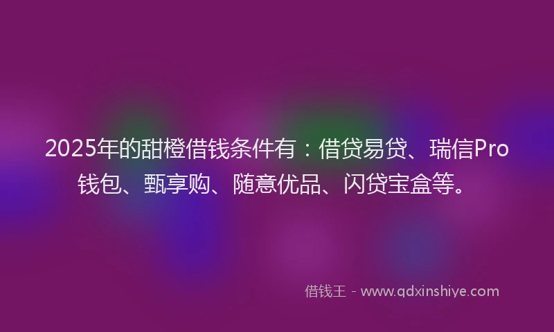 2025年的甜橙借钱条件有：借贷易贷、瑞信Pro钱包、甄享购、随意优品、闪贷宝盒等。