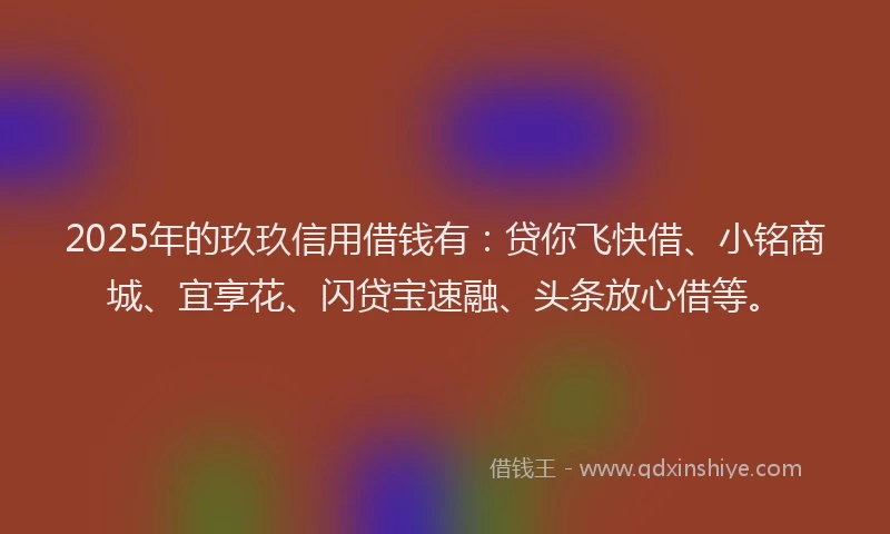 2025年的玖玖信用借钱有：贷你飞快借、小铭商城、宜享花、闪贷宝速融、头条放心借等。