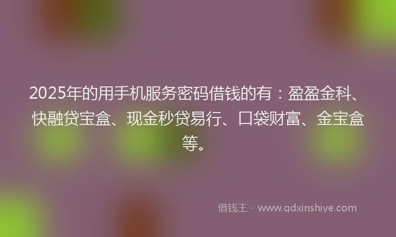 2025年的用手机服务密码借钱的有：盈盈金科、快融贷宝盒、现金秒贷易行、口袋财富、金宝盒等。