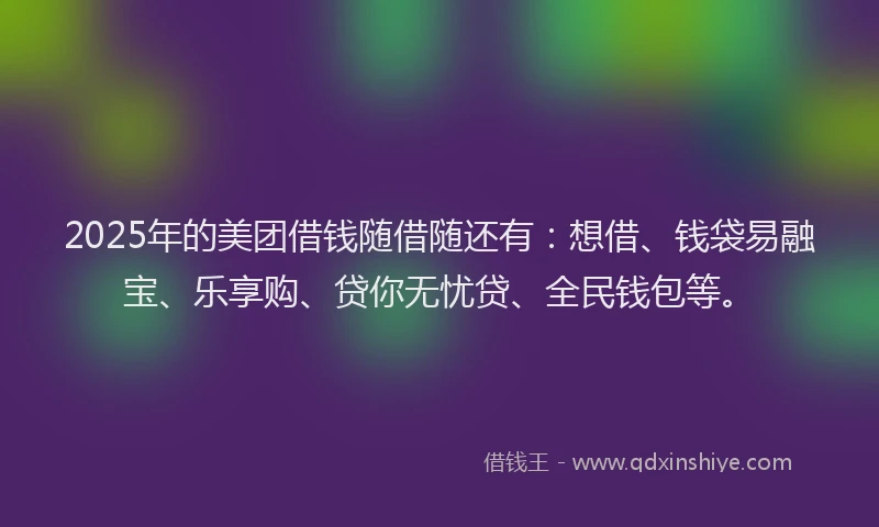 2025年的美团借钱随借随还有:想借、钱袋易融宝、乐享购、贷你无忧贷、全民钱包等。
