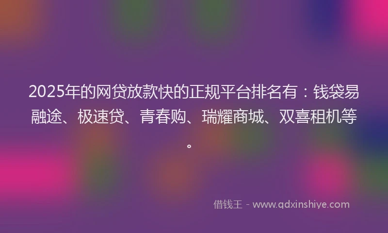 2025年的网贷放款快的正规平台排名有：钱袋易融途、极速贷、青春购、瑞耀商城、双喜租机等。