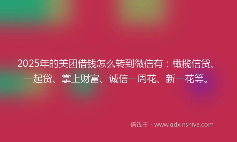 2025年的美团借钱怎么转到微信有:橄榄信贷、一起贷、掌上财富、诚信一周花、新一花等。