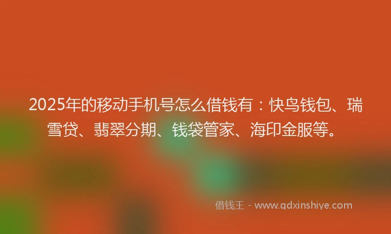 2025年的移动手机号怎么借钱有:快鸟钱包、瑞雪贷、翡翠分期、钱袋管家、海印金服等。
