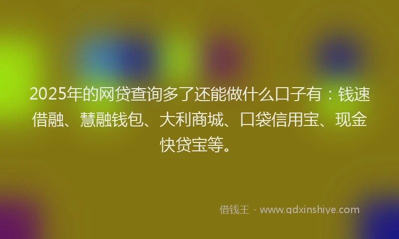 2025年的网贷查询多了还能做什么口子有:钱速借融、慧融钱包、大利商城、口袋信用宝、现金快贷宝等。