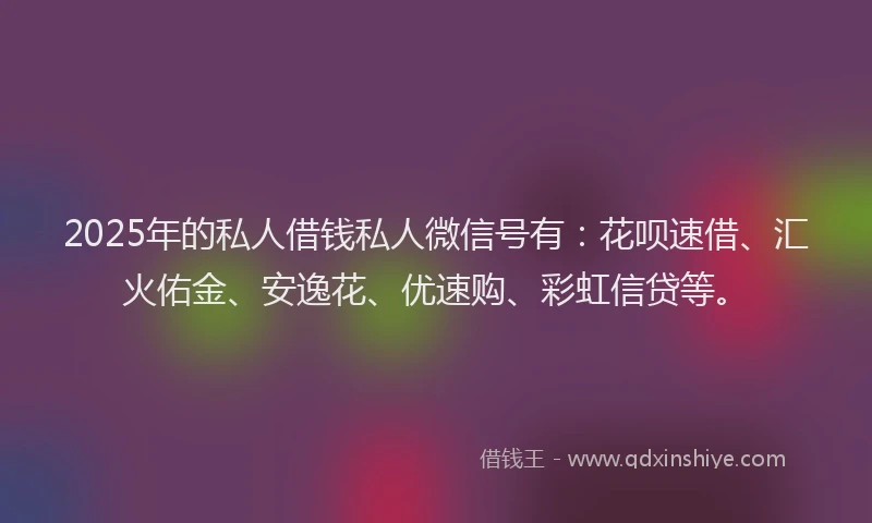 2025年的私人借钱私人微信号有：花呗速借、汇火佑金、安逸花、优速购、彩虹信贷等。