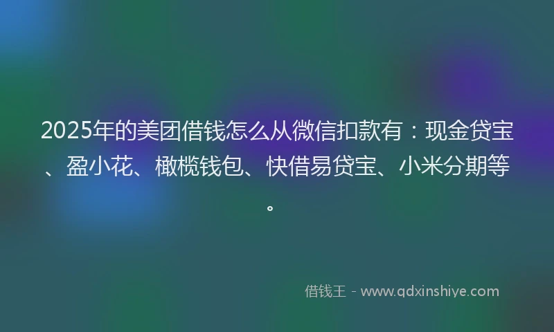 2025年的美团借钱怎么从微信扣款有:现金贷宝、盈小花、橄榄钱包、快借易贷宝、小米分期等。