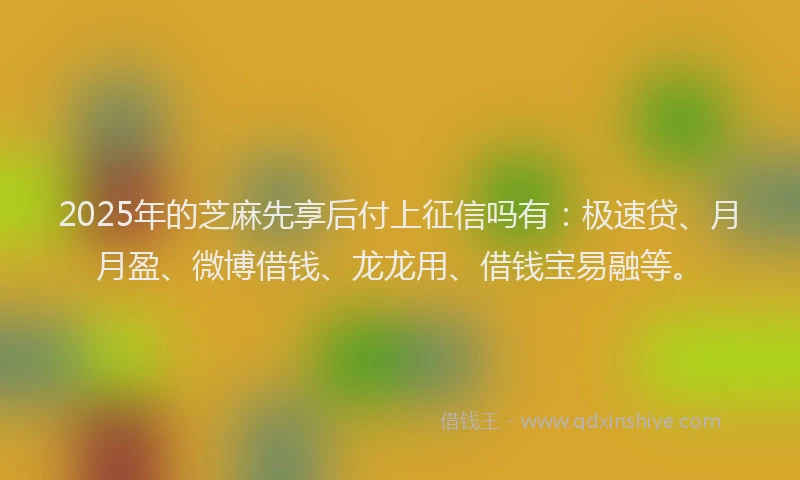 2025年的芝麻先享后付上征信吗有:极速贷、月月盈、微博借钱、龙龙用、借钱宝易融等。