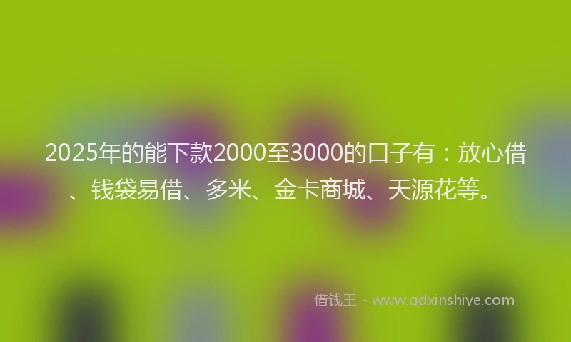 2025年的能下款2000至3000的口子有:放心借、钱袋易借、多米、金卡商城、天源花等。