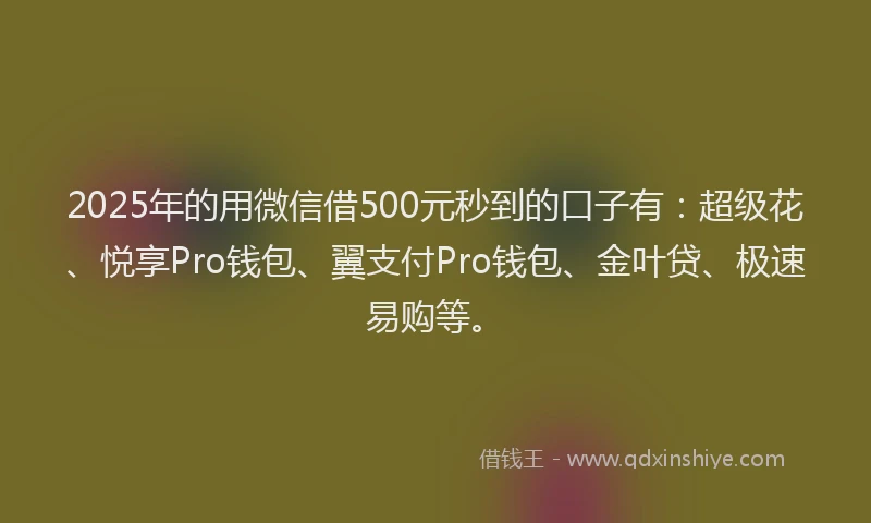 2025年的用微信借500元秒到的口子有：超级花、悦享Pro钱包、翼支付Pro钱包、金叶贷、极速易购等。