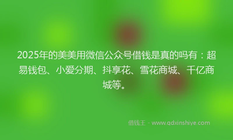 2025年的美美用微信公众号借钱是真的吗有:超易钱包、小爱分期、抖享花、雪花商城、千亿商城等。