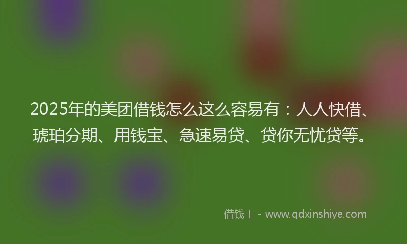 2025年的美团借钱怎么这么容易有:人人快借、琥珀分期、用钱宝、急速易贷、贷你无忧贷等。