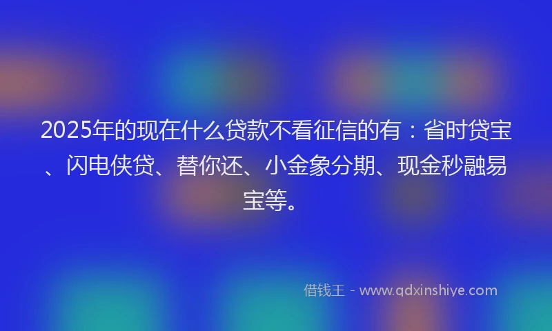 2025年的现在什么贷款不看征信的有:省时贷宝、闪电侠贷、替你还、小金象分期、现金秒融易宝等。