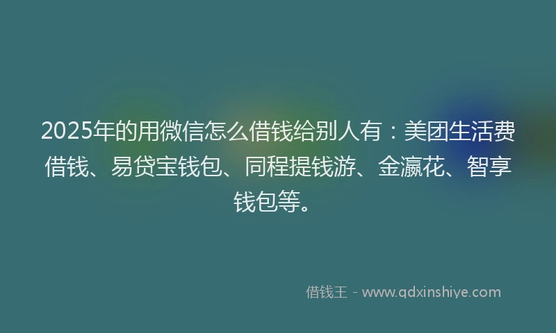 2025年的用微信怎么借钱给别人有：美团生活费借钱、易贷宝钱包、同程提钱游、金瀛花、智享钱包等。