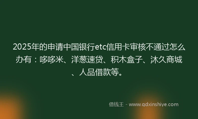 2025年的申请中国银行etc信用卡审核不通过怎么办有：哆哆米、洋葱速贷、积木盒子、沐久商城、人品借款等。