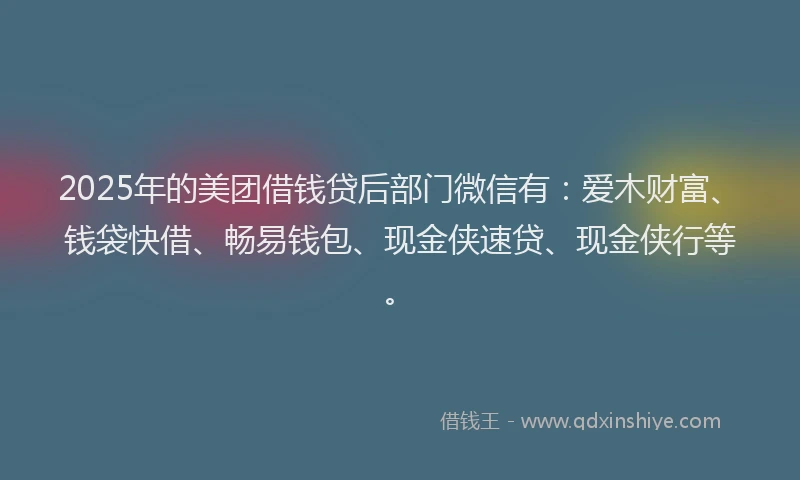 2025年的美团借钱贷后部门微信有：爱木财富、钱袋快借、畅易钱包、现金侠速贷、现金侠行等。