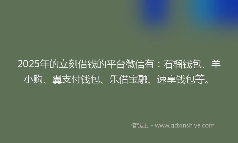 2025年的立刻借钱的平台微信有：石榴钱包、羊小购、翼支付钱包、乐借宝融、速享钱包等。