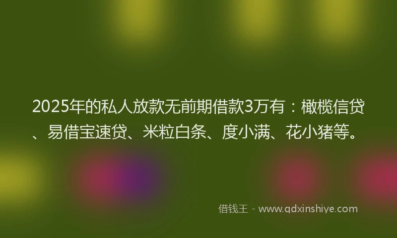 2025年的私人放款无前期借款3万有:橄榄信贷、易借宝速贷、米粒白条、度小满、花小猪等。