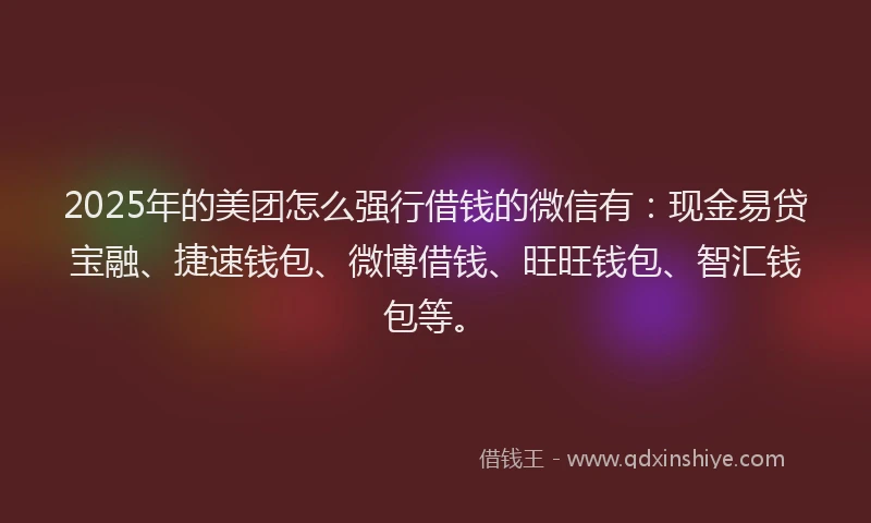 2025年的美团怎么强行借钱的微信有：现金易贷宝融、捷速钱包、微博借钱、旺旺钱包、智汇钱包等。