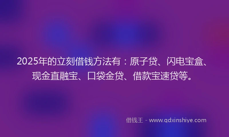 2025年的立刻借钱方法有:原子贷、闪电宝盒、现金直融宝、口袋金贷、借款宝速贷等。