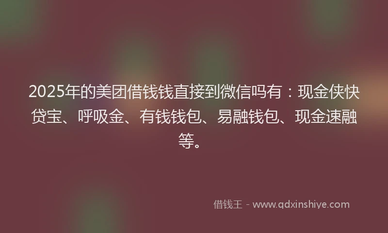 2025年的美团借钱钱直接到微信吗有:现金侠快贷宝、呼吸金、有钱钱包、易融钱包、现金速融等。