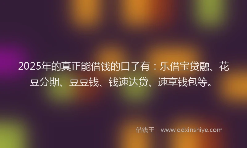 2025年的真正能借钱的口子有：乐借宝贷融、花豆分期、豆豆钱、钱速达贷、速享钱包等。