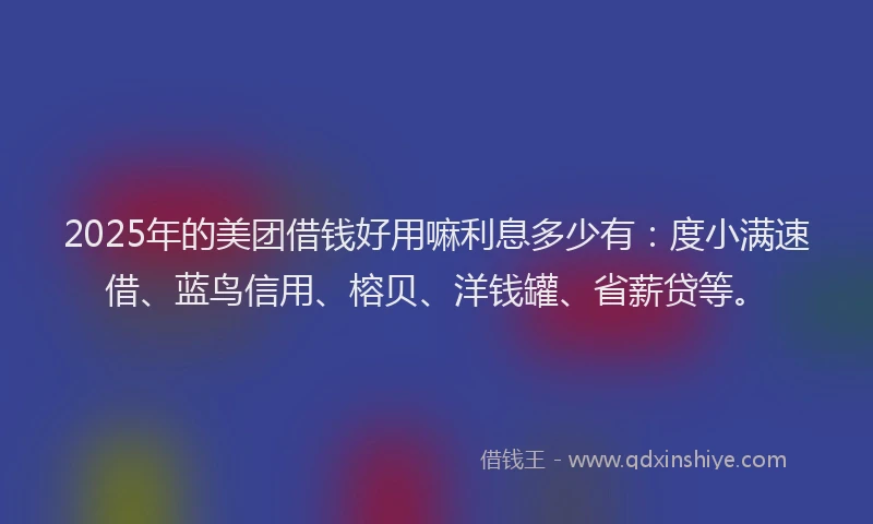 2025年的美团借钱好用嘛利息多少有:度小满速借、蓝鸟信用、榕贝、洋钱罐、省薪贷等。
