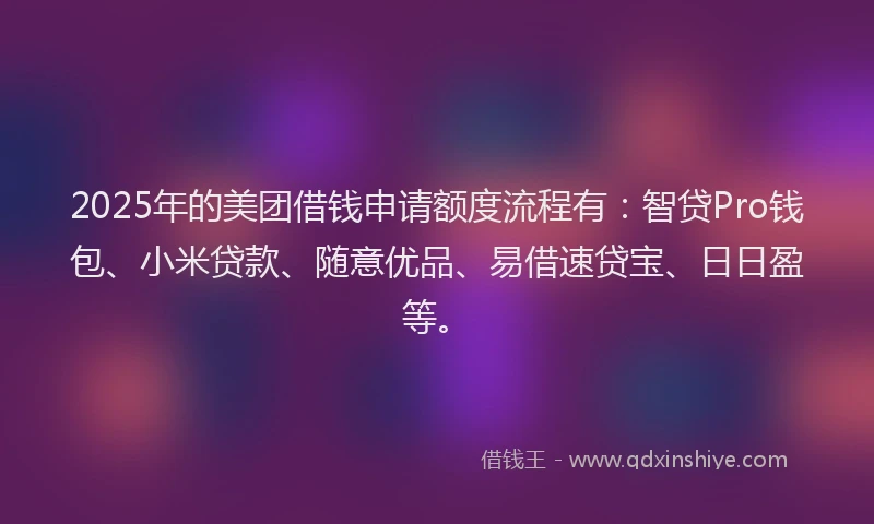 2025年的美团借钱申请额度流程有：智贷Pro钱包、小米贷款、随意优品、易借速贷宝、日日盈等。