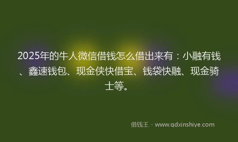 2025年的牛人微信借钱怎么借出来有:小融有钱、鑫速钱包、现金侠快借宝、钱袋快融、现金骑士等。