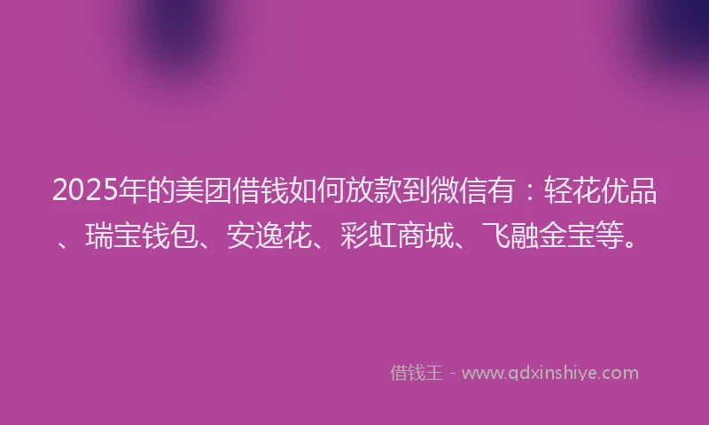 2025年的美团借钱如何放款到微信有:轻花优品、瑞宝钱包、安逸花、彩虹商城、飞融金宝等。