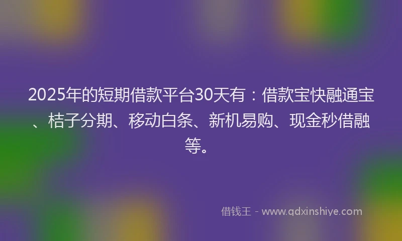 2025年的短期借款平台30天有:借款宝快融通宝、桔子分期、移动白条、新机易购、现金秒借融等。