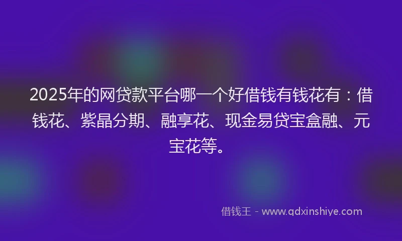 2025年的网贷款平台哪一个好借钱有钱花有:借钱花、紫晶分期、融享花、现金易贷宝盒融、元宝花等。