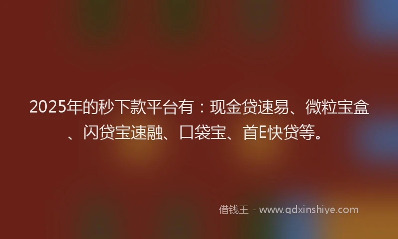 2025年的秒下款平台有:现金贷速易、微粒宝盒、闪贷宝速融、口袋宝、首E快贷等。