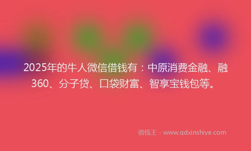 2025年的牛人微信借钱有：中原消费金融、融360、分子贷、口袋财富、智享宝钱包等。